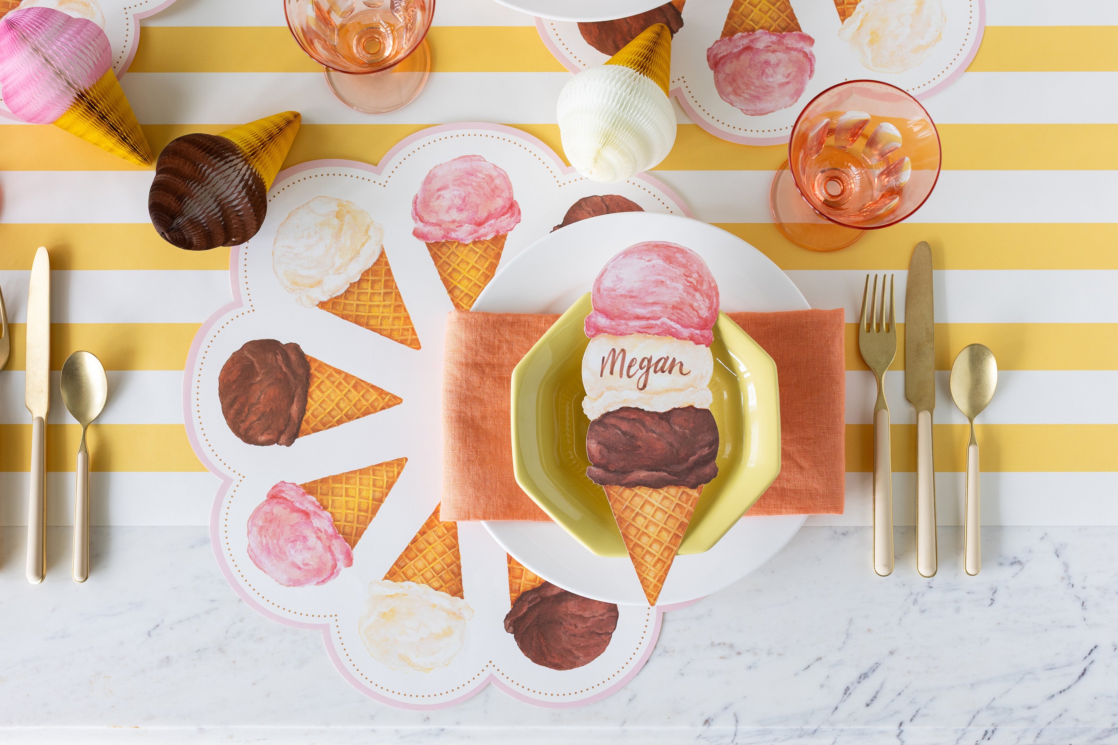 Die-cut Ice Cream Placemat styled on an ice cream themed place setting.