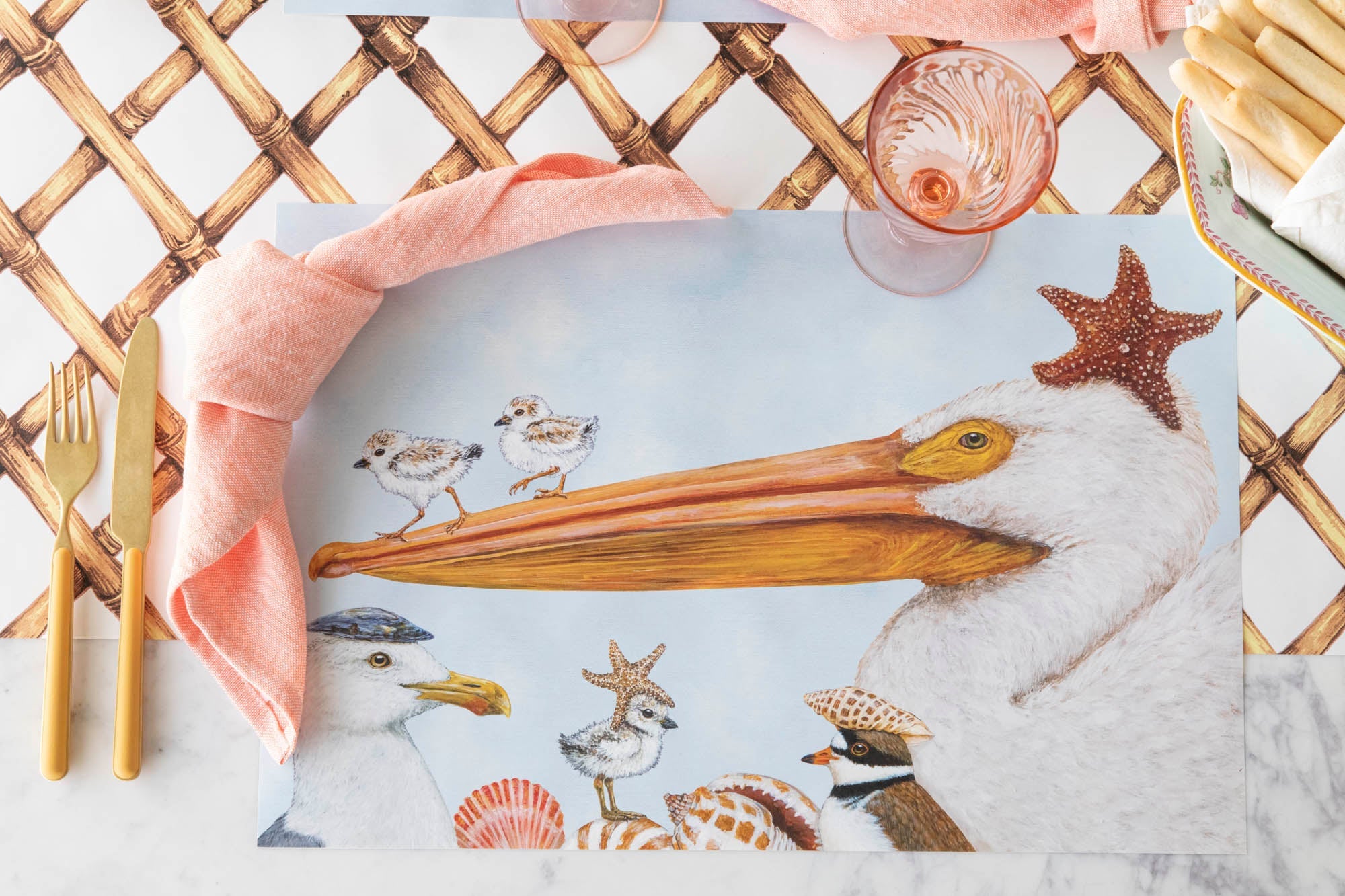 Shorebirds Placemat on the Bamboo Lattice Runner, on a shore themed table setting.