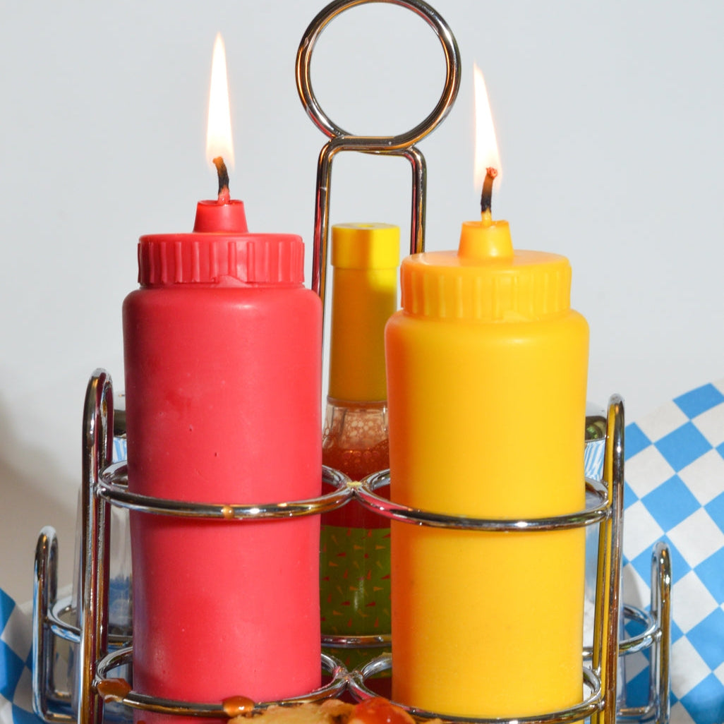 Ketchup and mustard candle set by Glow Worm Goods.