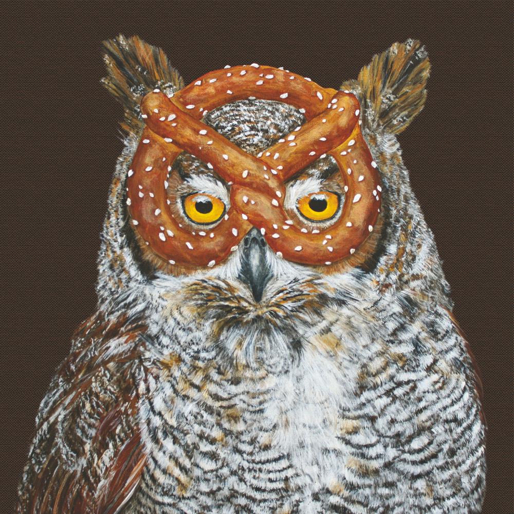 A detailed painting of an owl with striking yellow eyes and brown-spotted feathers against a brown background, depicted on Paper Products Design Otto with Pretzel Beverage Napkins.