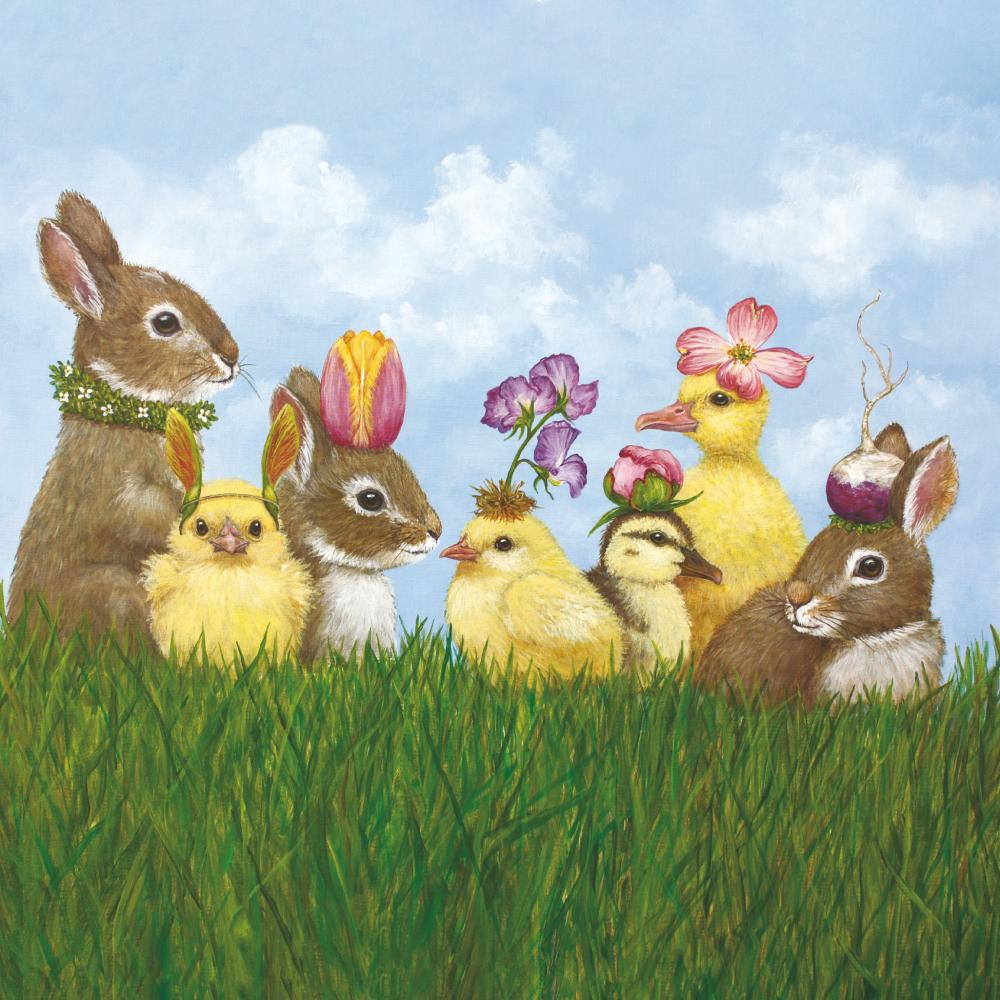 Illustration of rabbits and chicks adorned with flowers and a tulip against a blue sky background on Paper Products Design&