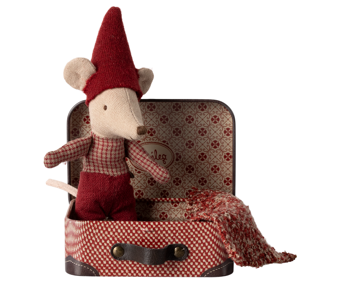 Baby Christmas Mouse standing in suitcase