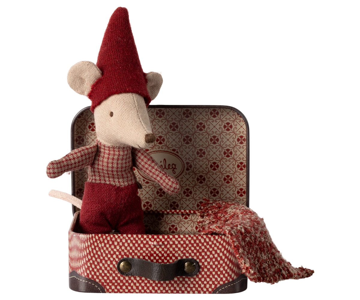 Baby Christmas Mouse standing in suitcase