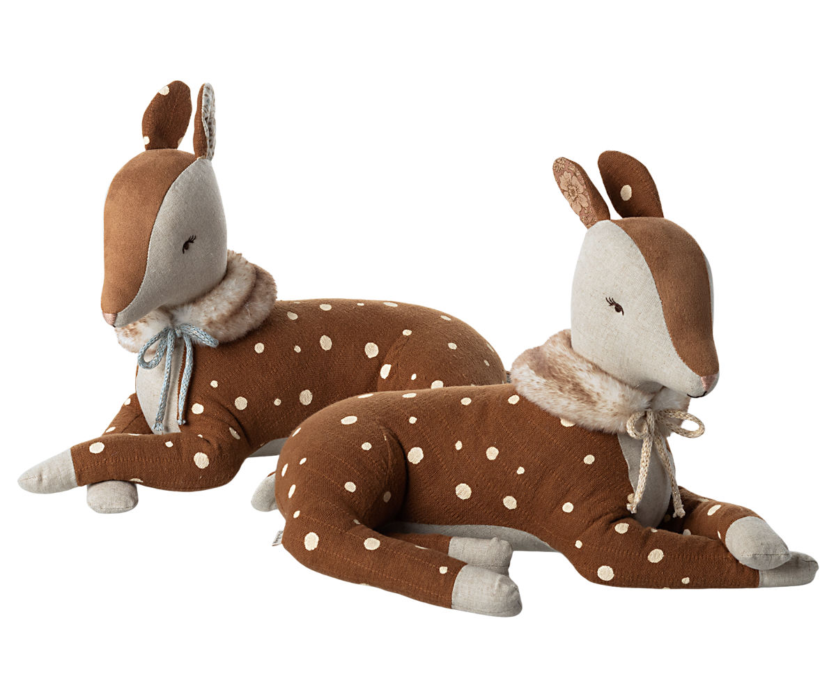 2 brown stuffed animal deer.  Both with faux fur scarves.  One deers scarf is tied with and off white ribbon the other with a blue ribbon