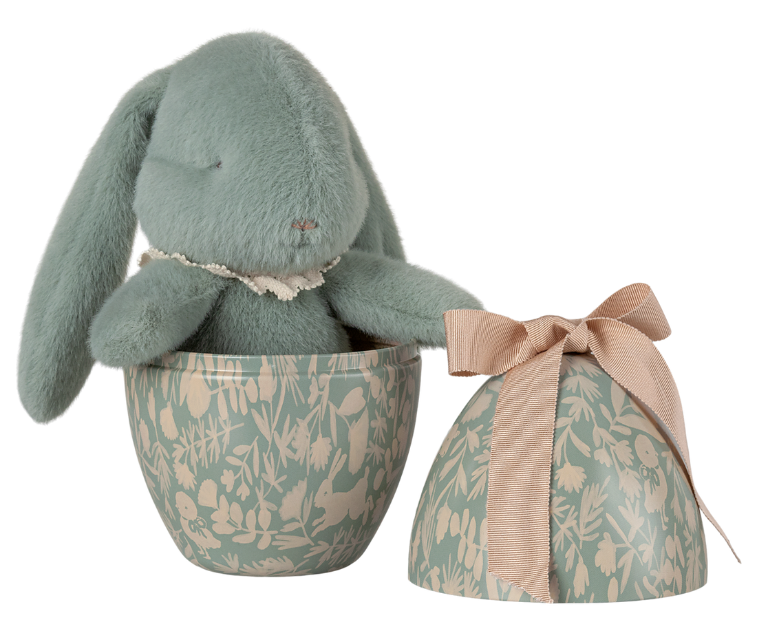 Mint plush bunny in an enamel Easter Egg by Maileg.