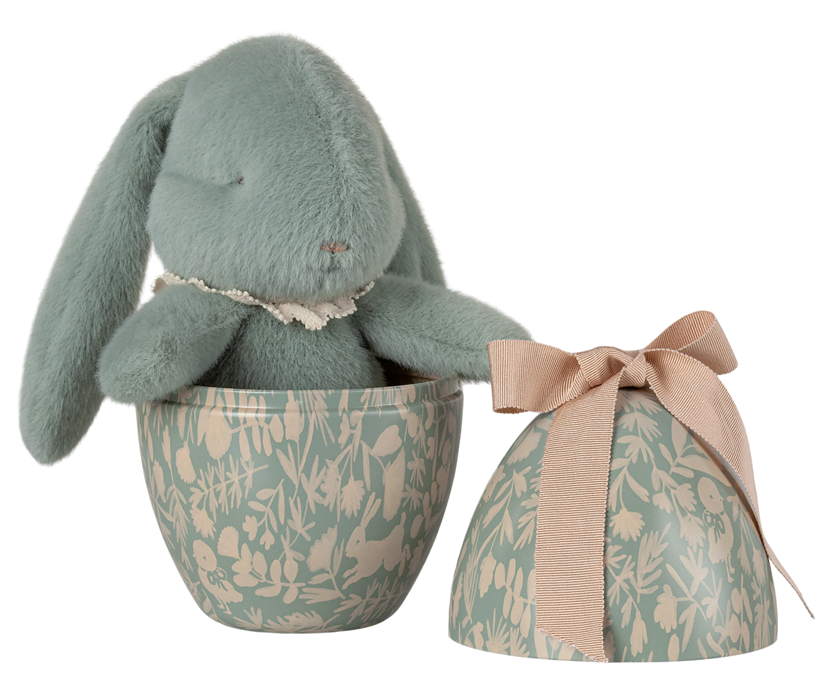 Mint plush bunny in an enamel Easter Egg by Maileg.