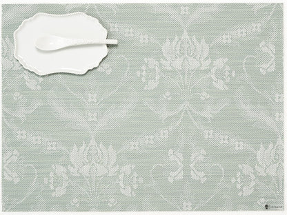 Abolene Damask Rectangle Placemat with small plate and spoon on it. 