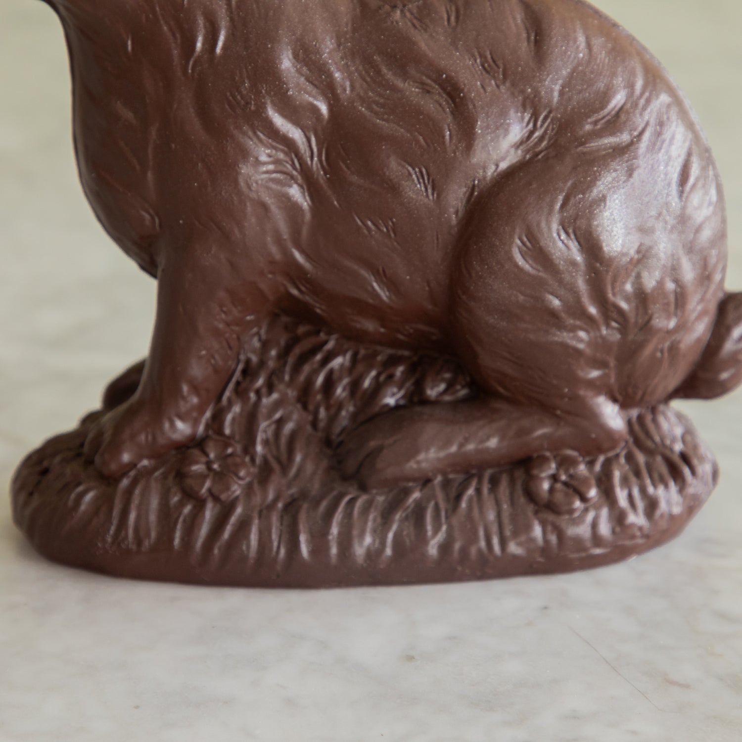 A close up of the &quot;Chocolate&quot; Sitting Bunny showing its feet on the grass.