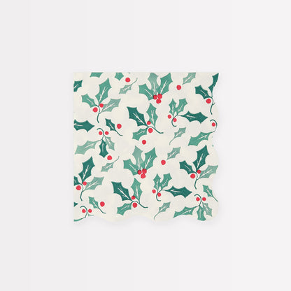 Meri Meri Holly Pattern Small Napkins in a scalloped shape, with a holly design, are the perfect party napkins to add to your Christmas party supplies. 