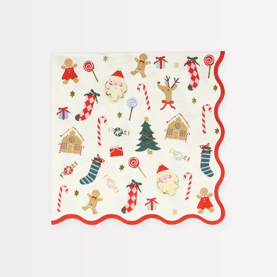 Meri Meri Jolly Christmas Large Napkin featuring a red, scalloped edge and various Christmas icons, on a white background.