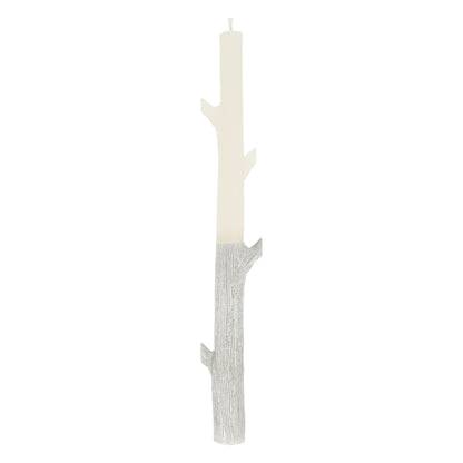 A white textured candle shaped like a stick with silver on bottom portion, on a white background.