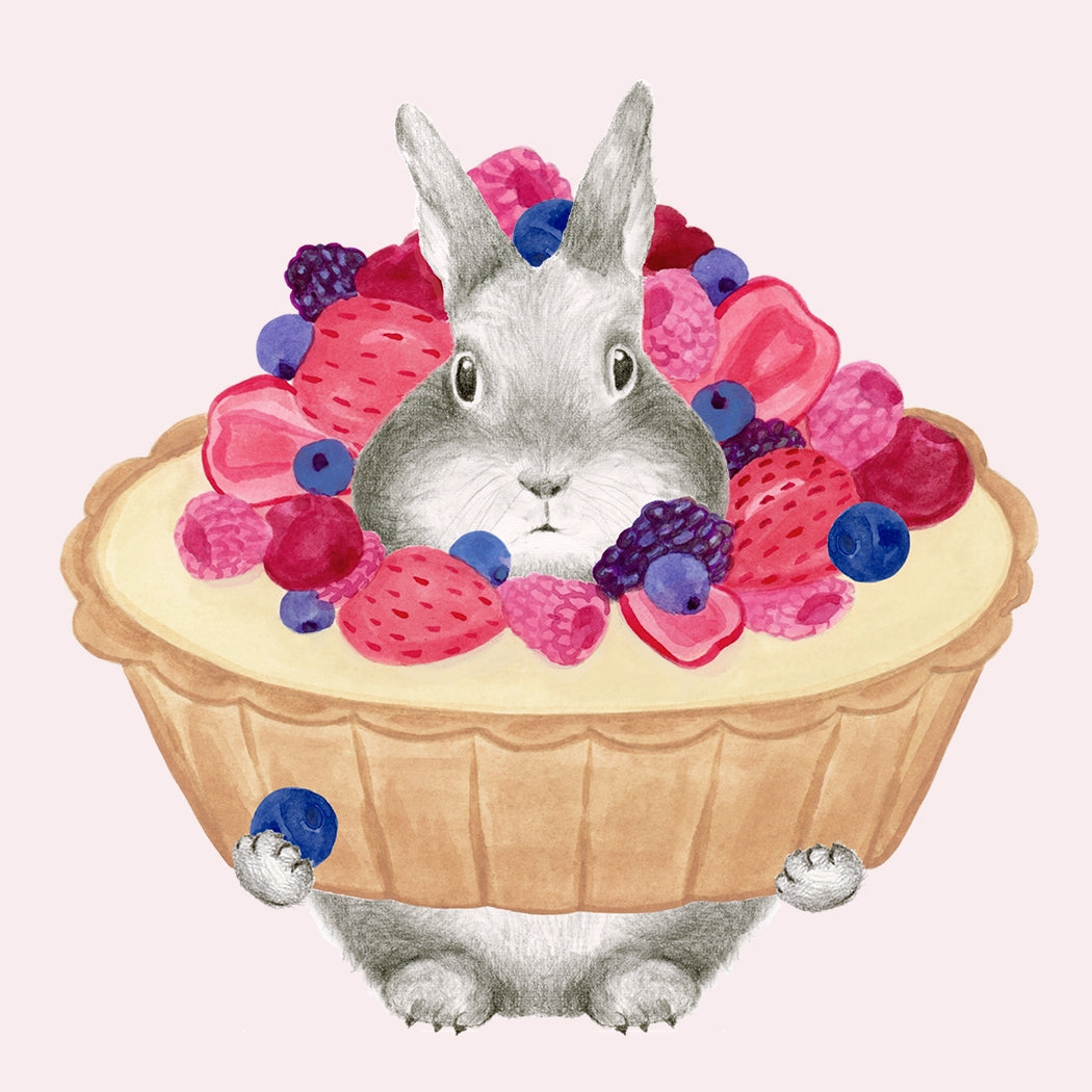 Greeting card by Dear Hancock with an illustration of a bunny in a pie covered in berries with &quot;Happy Birthday You Sweet Tart&quot; printed below. 