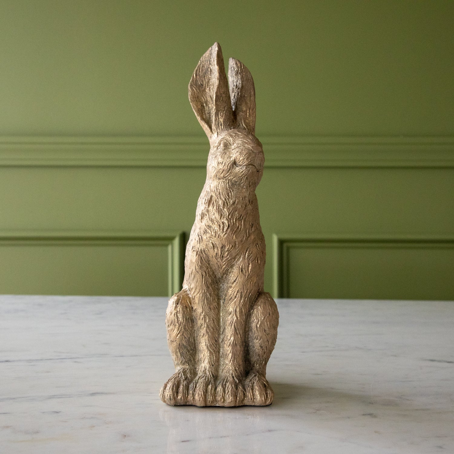 Gold Leaf Rabbit sitting with its head up.