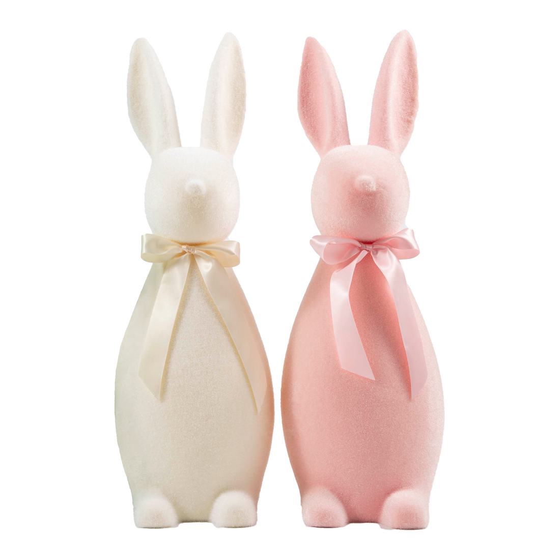 27&quot; Pink and white Flocked Bunnies with matching satin ribbons around their neck.