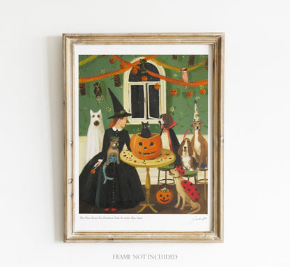 Framed art print of Miss Moon Lesson Ten: Sometimes Tricks are Better than Treats, by Janet Hill, depicting a witch and her dogs at a Halloween party.