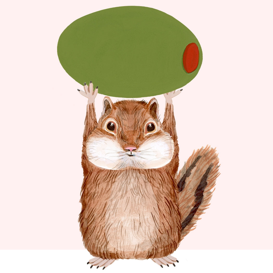 Greeting card by Dear Hancock with an illustration of a chipmunk holding up an olive with &quot;Olive the chip out of you&quot; printed on the bottom. 