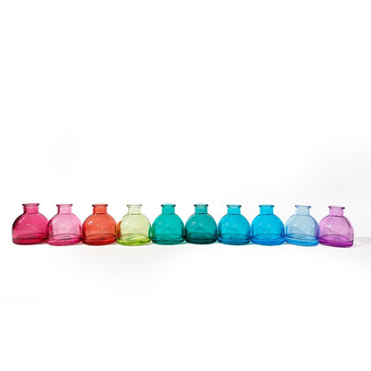 Row of 10 colors in the Jewel Tone Glass Bud Vases. 