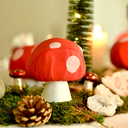 Mushroom surprize ball on a table with greenery and rocks