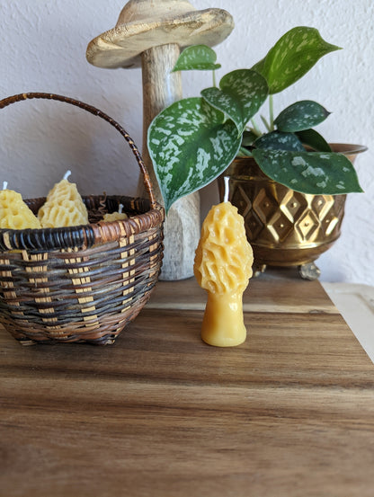 Mini Morel mushroom candle on table with plant in background. 