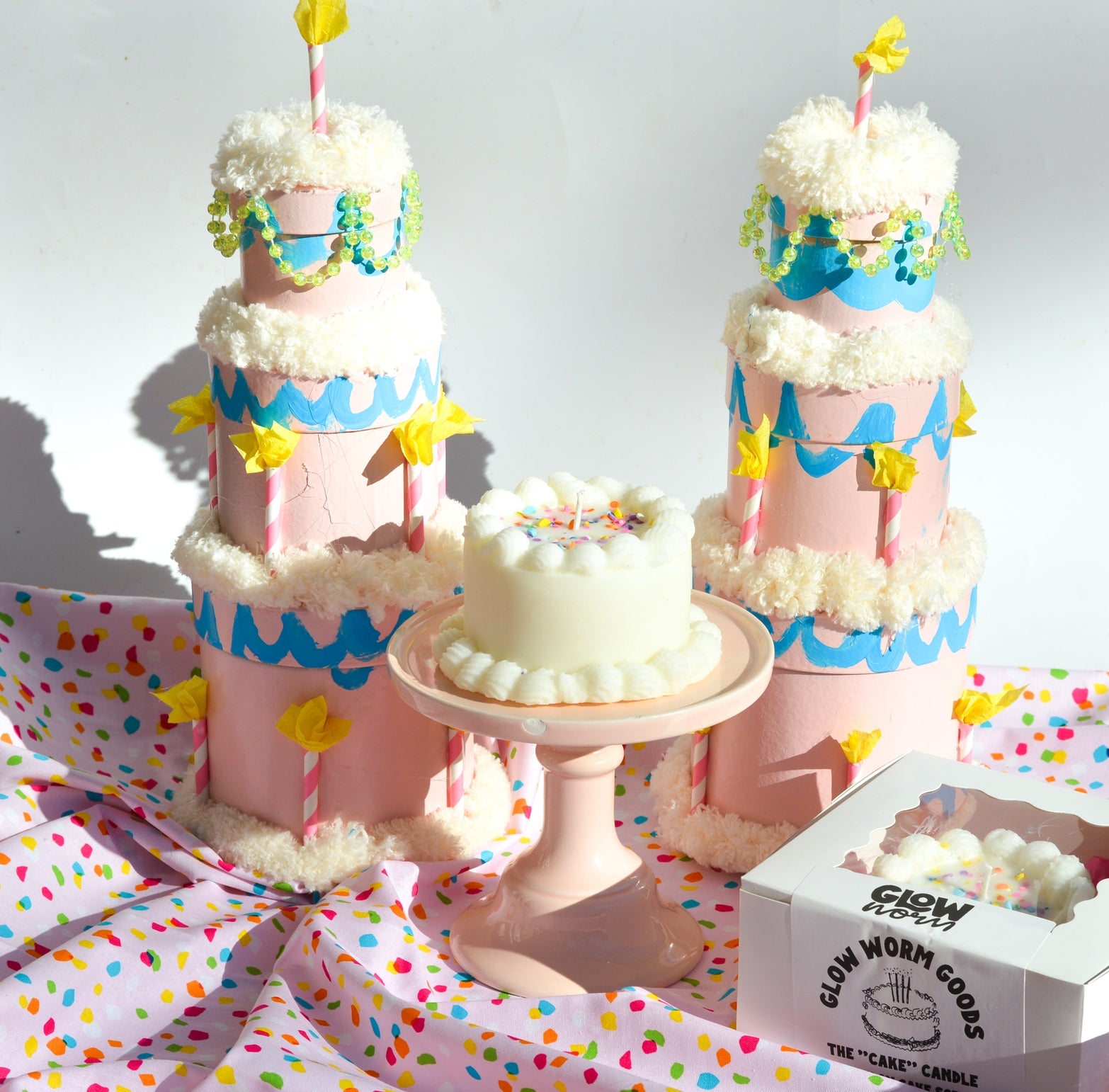 Birthday Cake shaped candle by Glow Worm Goods.