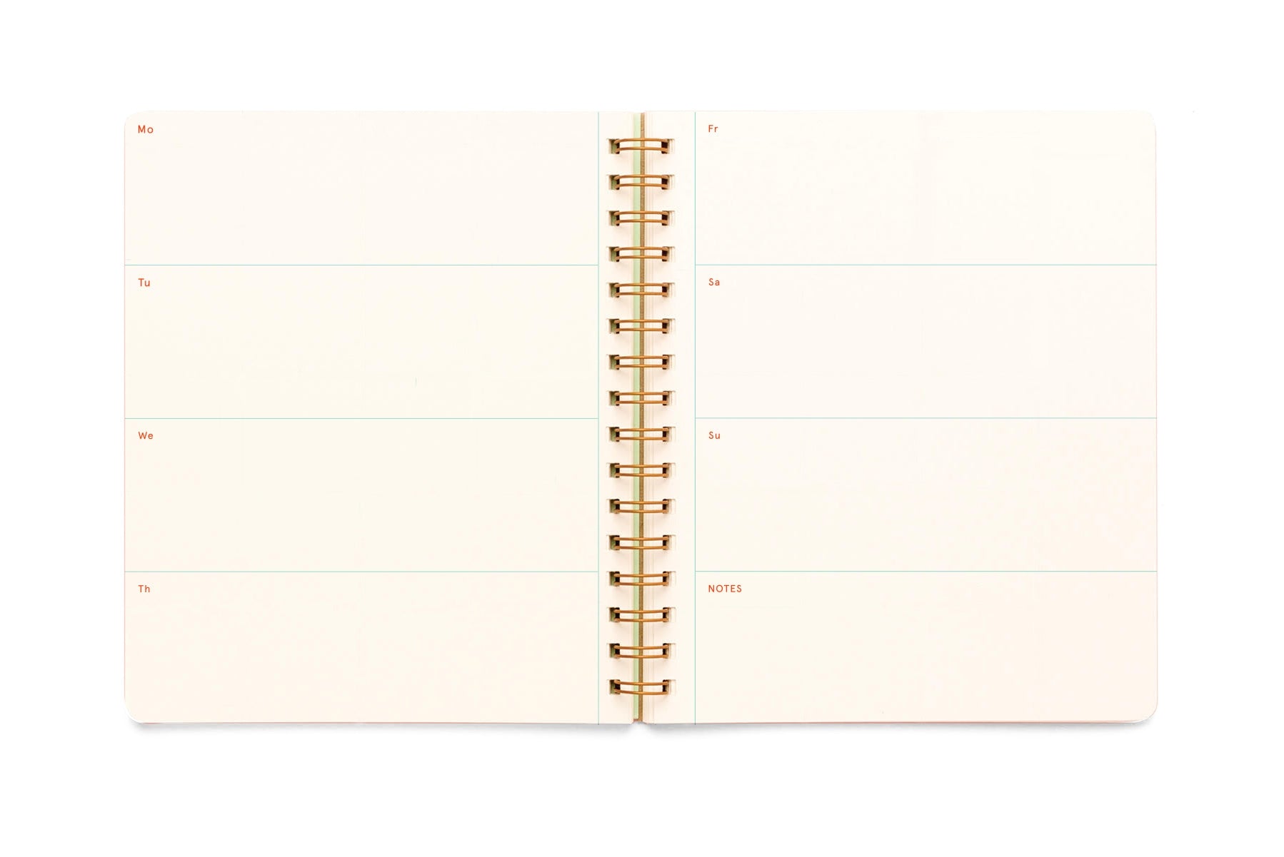 The inside of the Undated Letter Press Planner showing a blank weekly calendar across both pages.