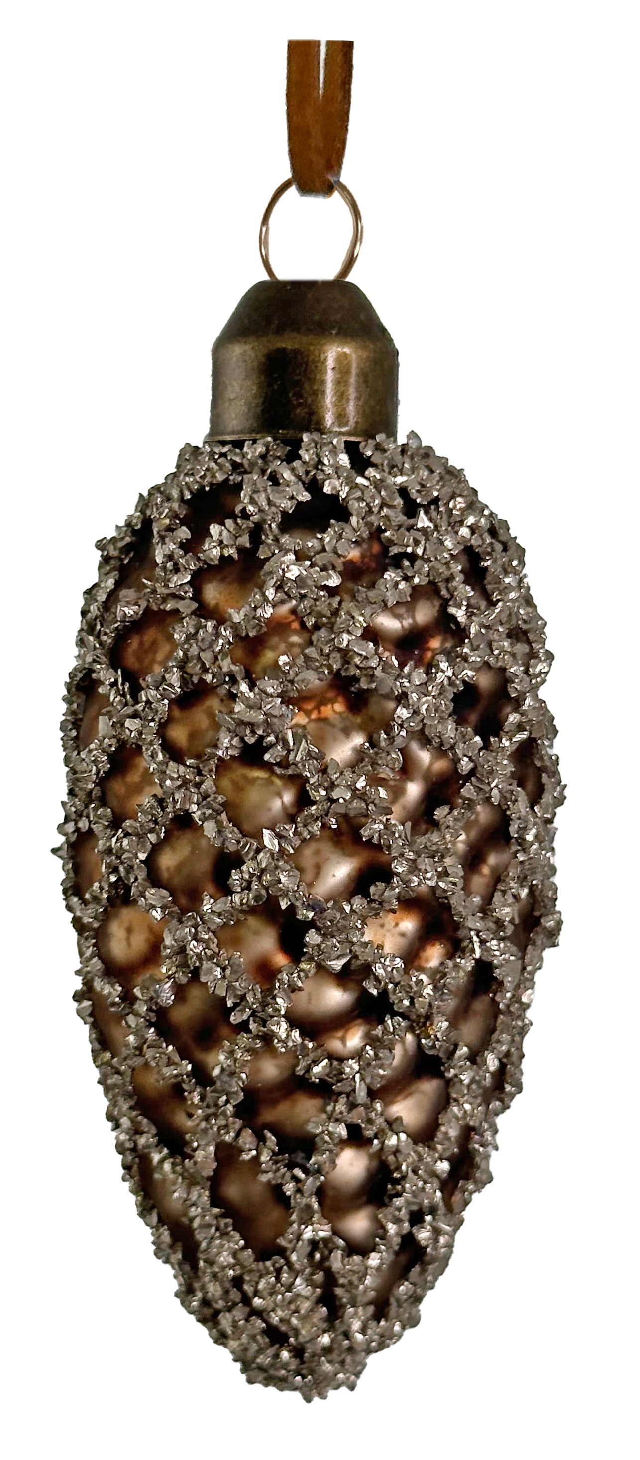 brown pinecone shaped ornament with silver glitter trim