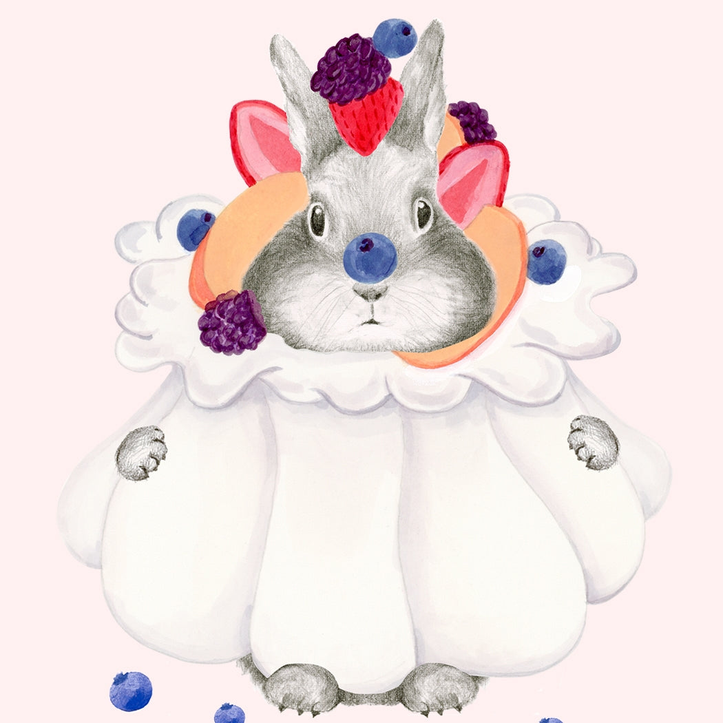 Greeting card by Dear Hancock with an illustration of a bunny in a pavlova covered in berries. 