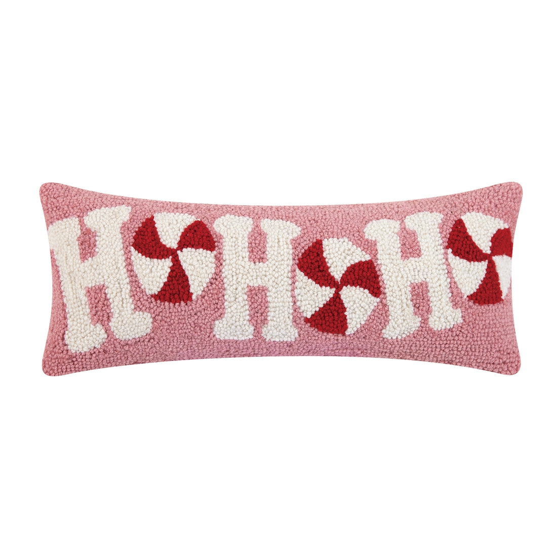 Large Candy Cane Ho Ho Ho Hook Pillow with round peppermints in place of the o&