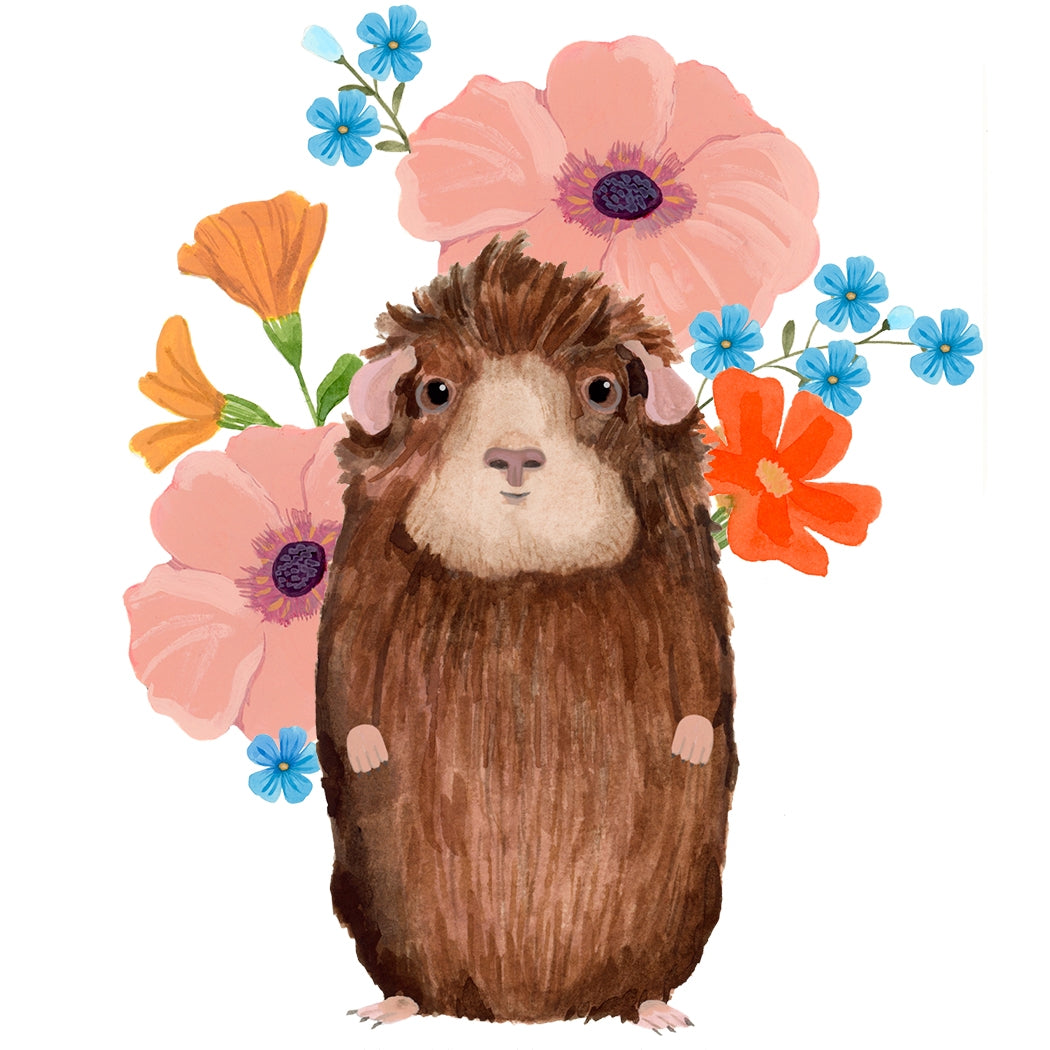 Greeting card by Dear Hancock with an illustration of a guinea pig with flowers behind it saying &quot;Mom, I&