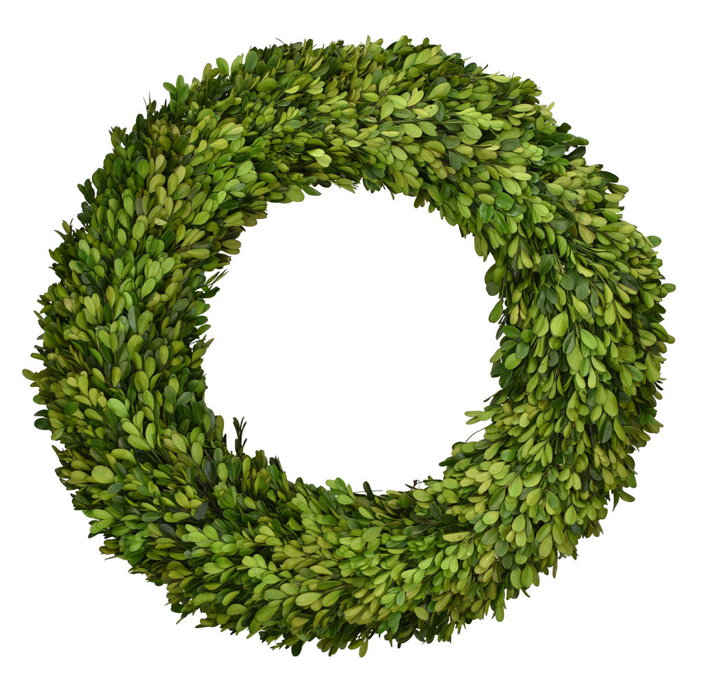 A 20 inch, round Preserved Boxwood Country Manor Wreath.