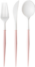 Plastic fork, knife and spoon with pink handle and white top