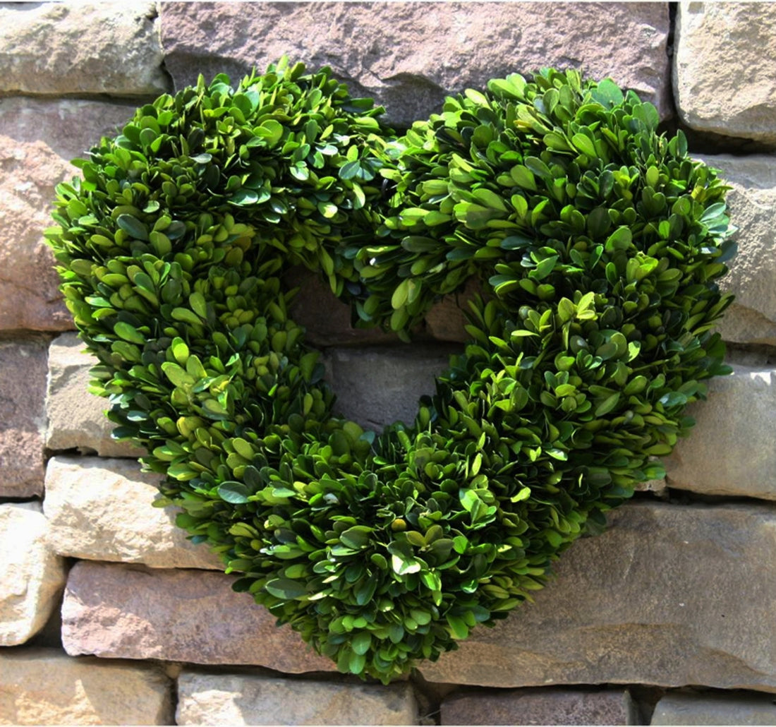 Boxwood Heart Wreath hanging on a stone wall.