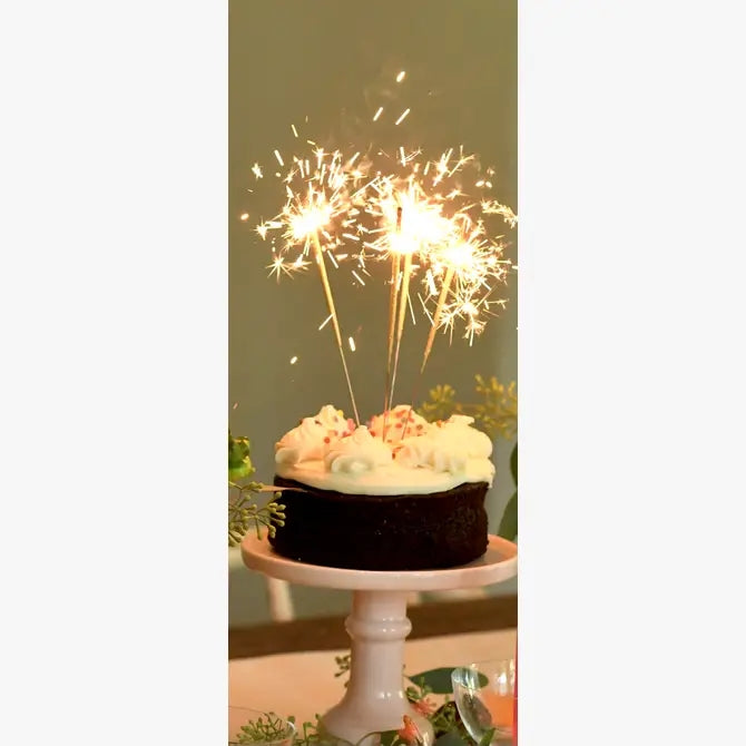 Sparklers on a birthday cake.