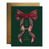 Front of green greeting card stating "May you feel wrapped in love this season" with an illustration of an oversized red bow on it.