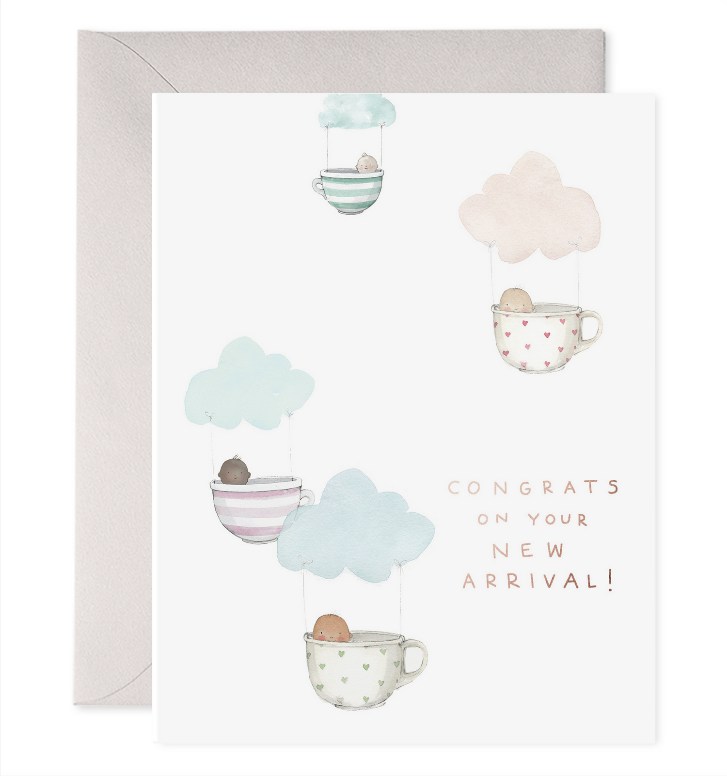 Front of card with illustration of babies in teacups floating from clouds saying &quot;congrats on your new arrival!