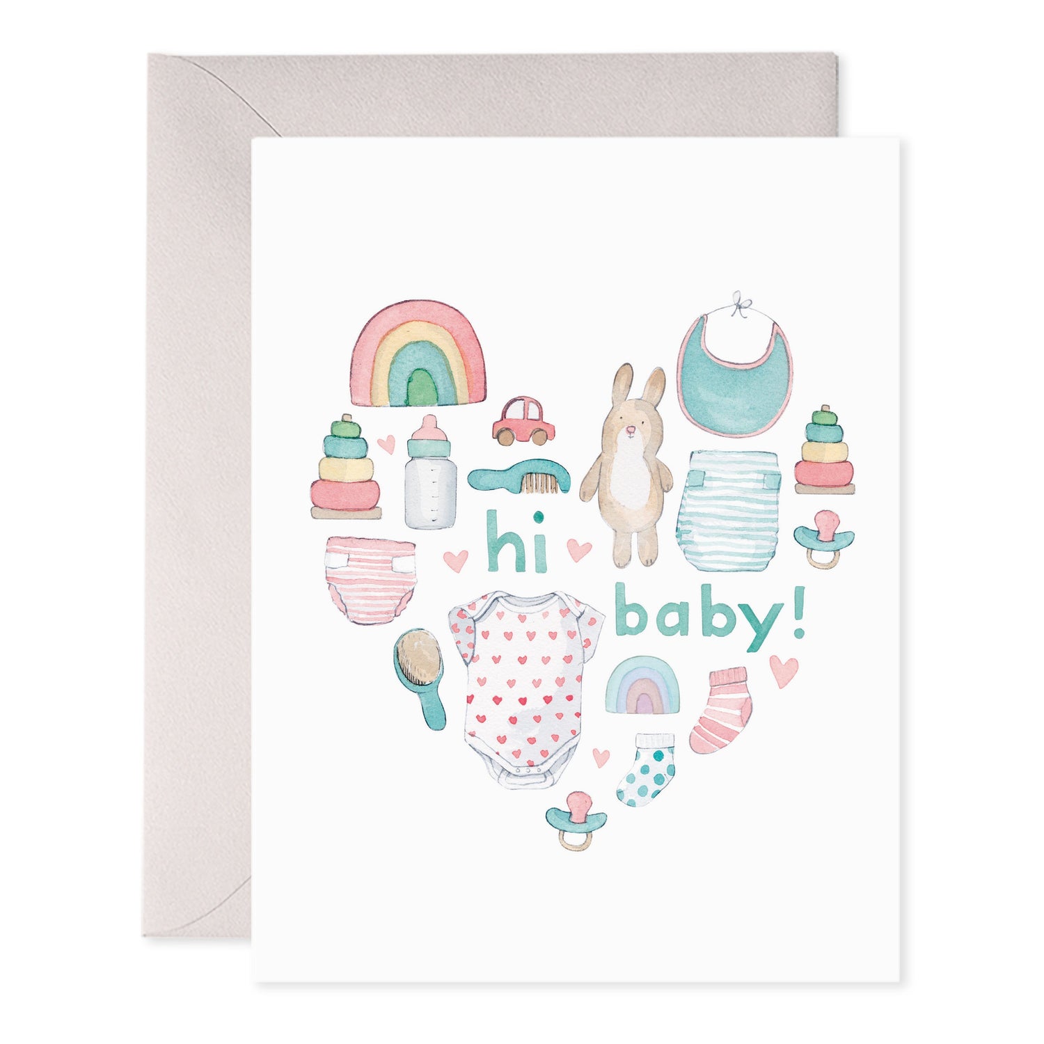 Card illustrated with various baby items creating a heart shape by E.Frances. 