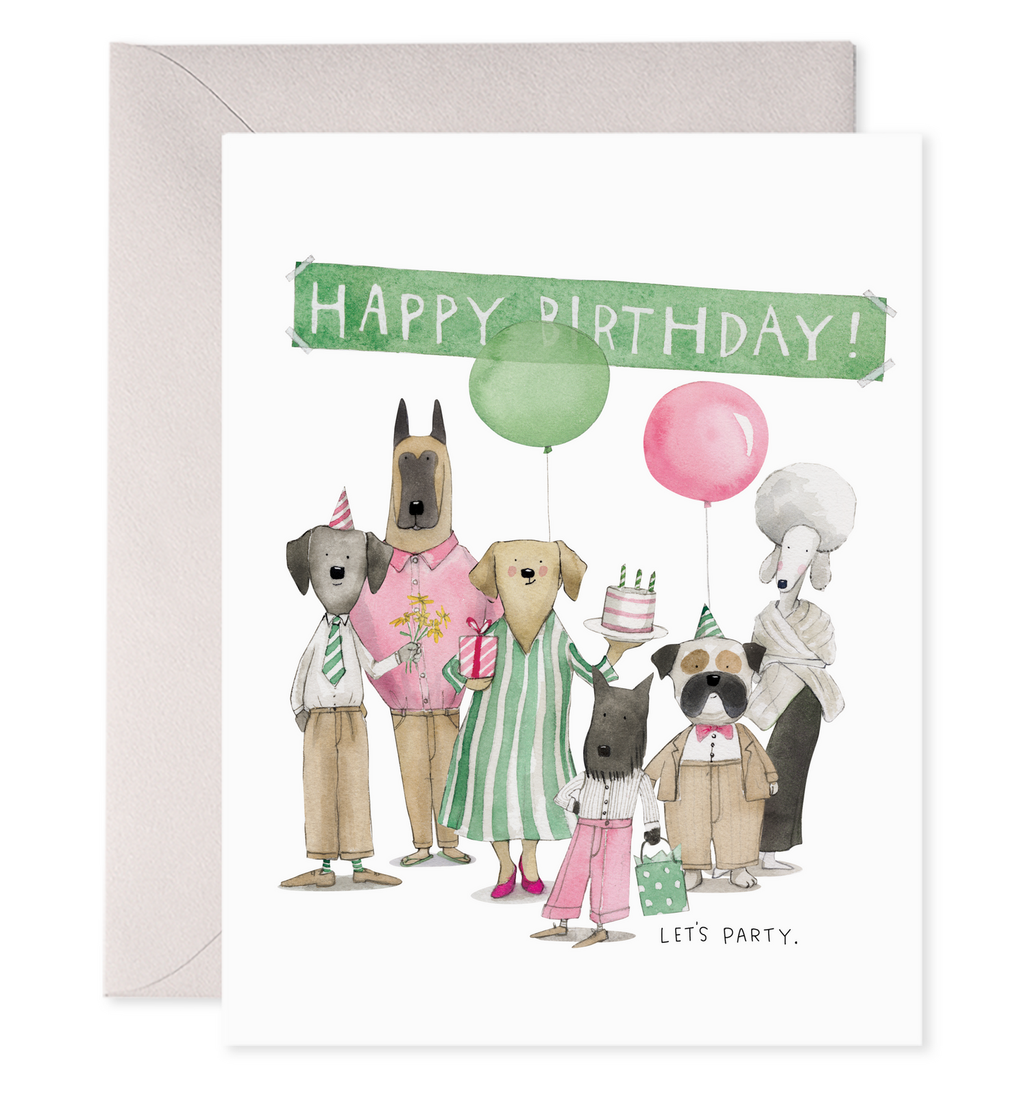 Front of card with illustration of a group of dogs dressed in clothes holding balloons and a cake and presents with a sign in the background that says Happy Birthday!
