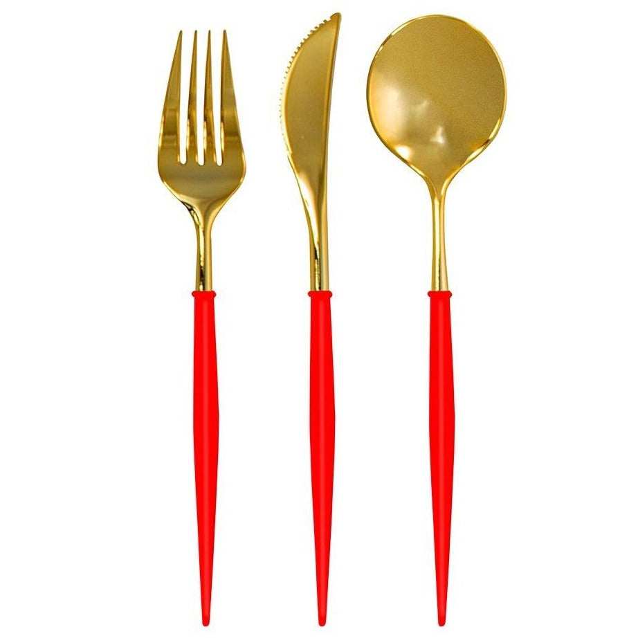 Plastic fork, knife and spoon with gold metallic tops and red bottoms, on a white background.