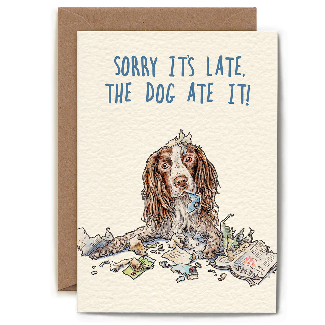 A funny illustration of a spaniel dog surrounded by ripped up mail, with the caption &quot;Sorry it&