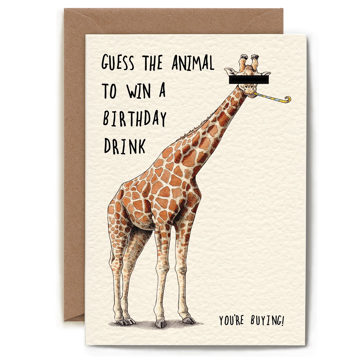 A hilarious birthday card featuring an illustration of a giraffe with a black censor bar over its eyes and a party blower in its mouth. The card is captioned: &quot;Guess the Animal to Win a Birthday Drink (You&