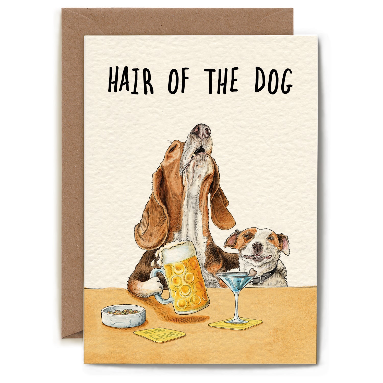 Hair of the Dog card by Bewilderbeest, featuring two dogs having a beer and a cocktail.