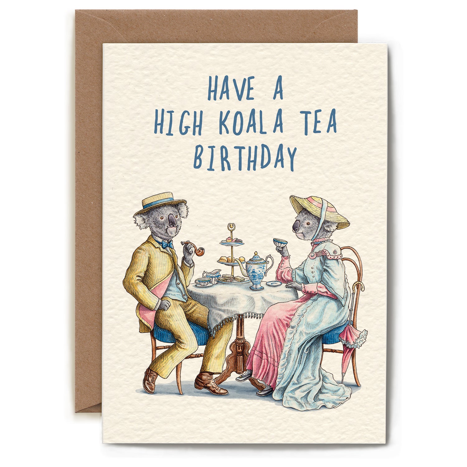 Have A Koala Tea Birthday Card by Bewilderbeest, featuring two Koalas dressed up having tea.