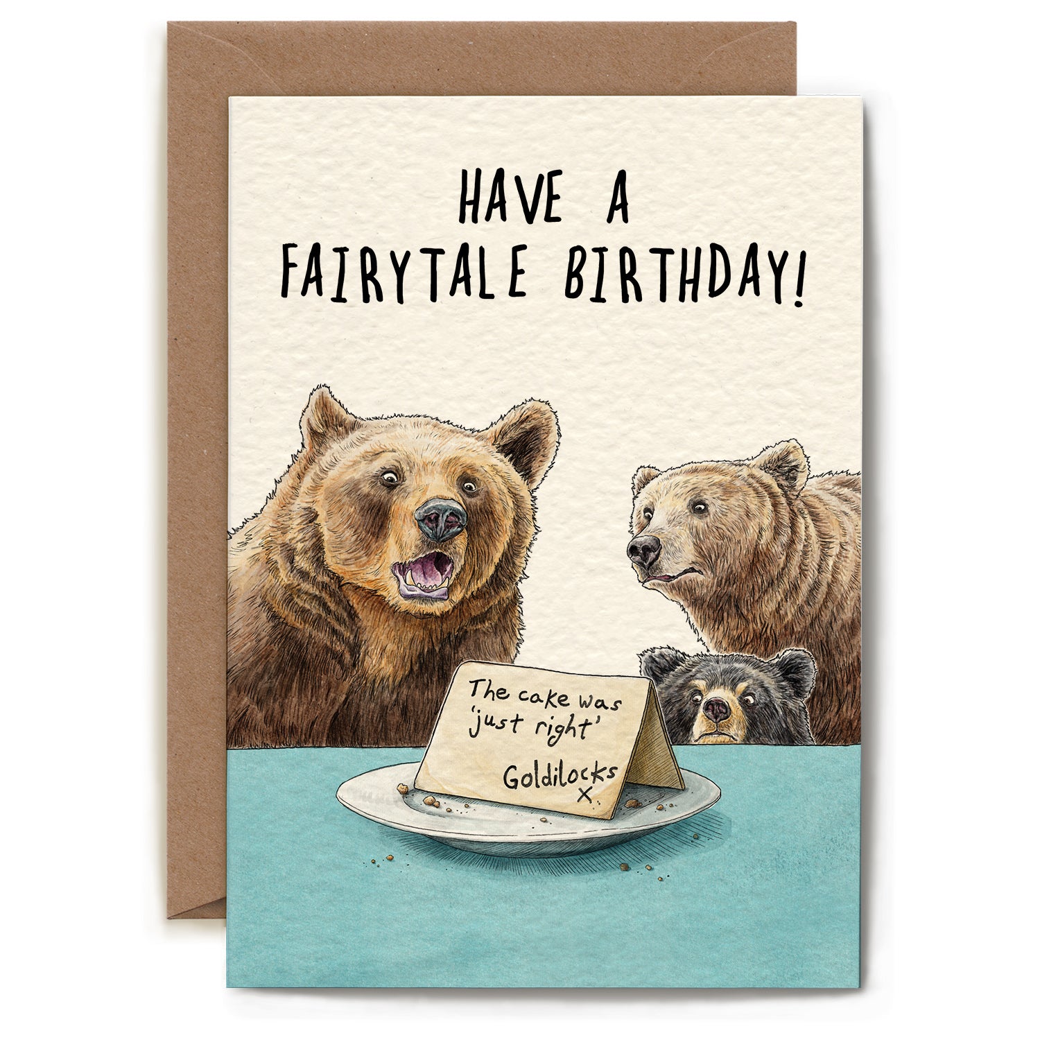 Fairytale Birthday Card by Bewilderbeest, featuring three bears looking at an empty plate with a note that reads &quot;The cake was &