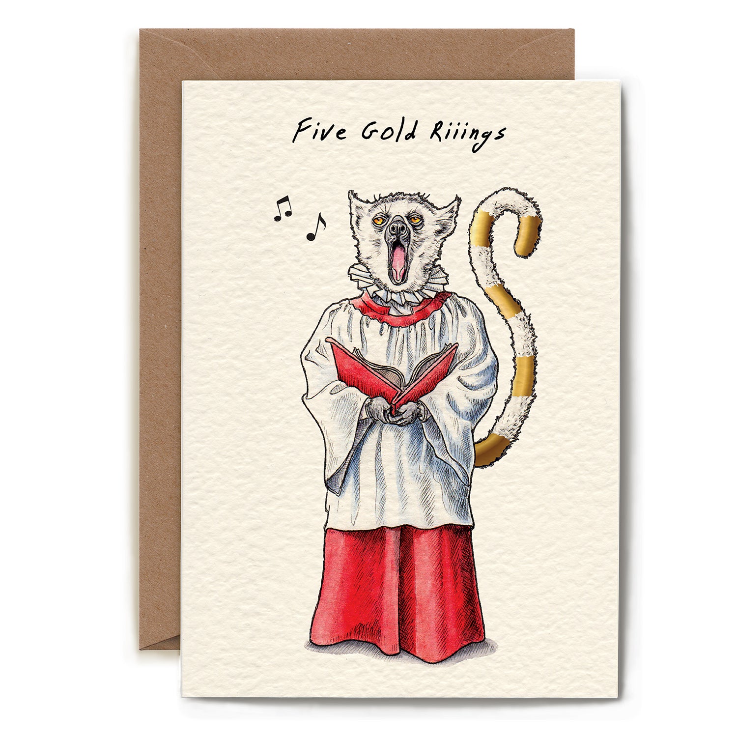 A whimsical illustration of a lemur with shiny gold rings on its tail in choir regalia singing the caption, &quot;Five Gold Riiings&quot;.