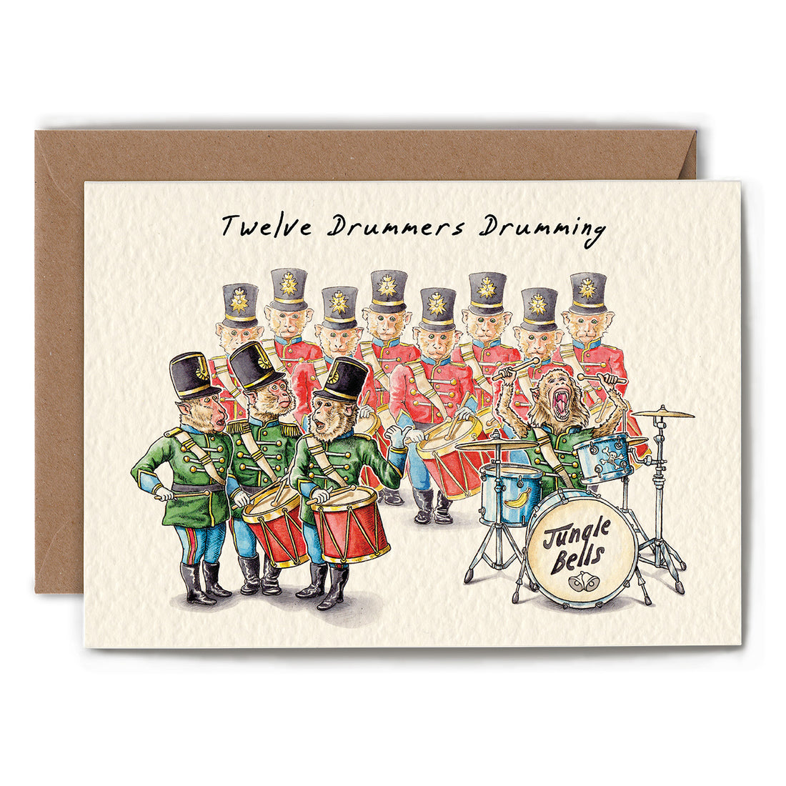 A funny illustration of a group of monkeys dressed for a marching band with drums, and a twelfth monkey playing a rock-n-roll drum kit, under the caption &quot;Twelve Drummers Drumming&quot;.