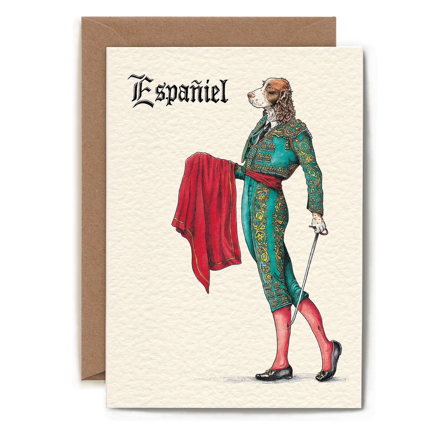 A Hester &amp; Cook Españiel Card featuring an illustration of a traditional matador with a cocker spaniel&