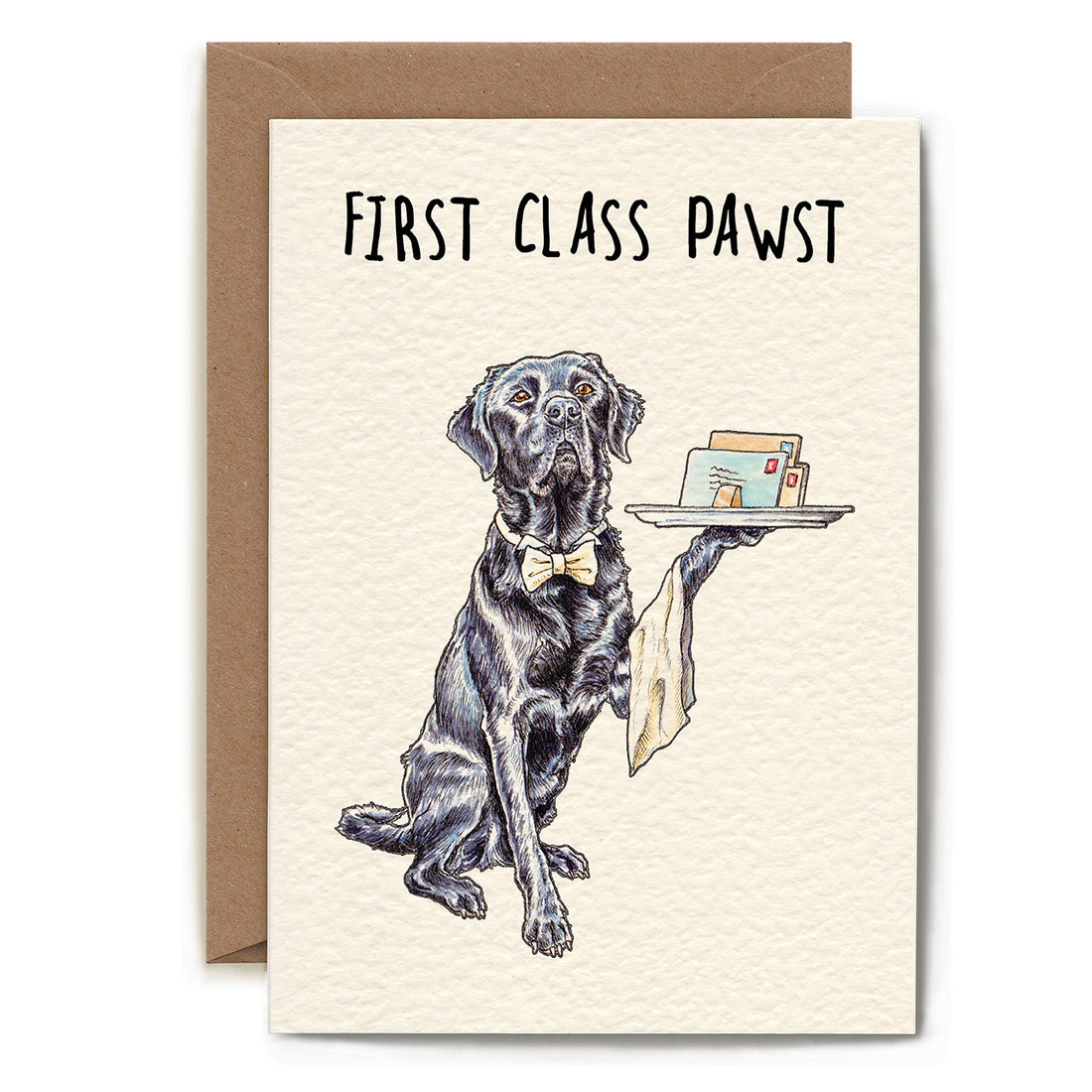 A First Class Pawst Card from Hester &amp; Cook with a drawing of a dog holding a tray with mail on it.