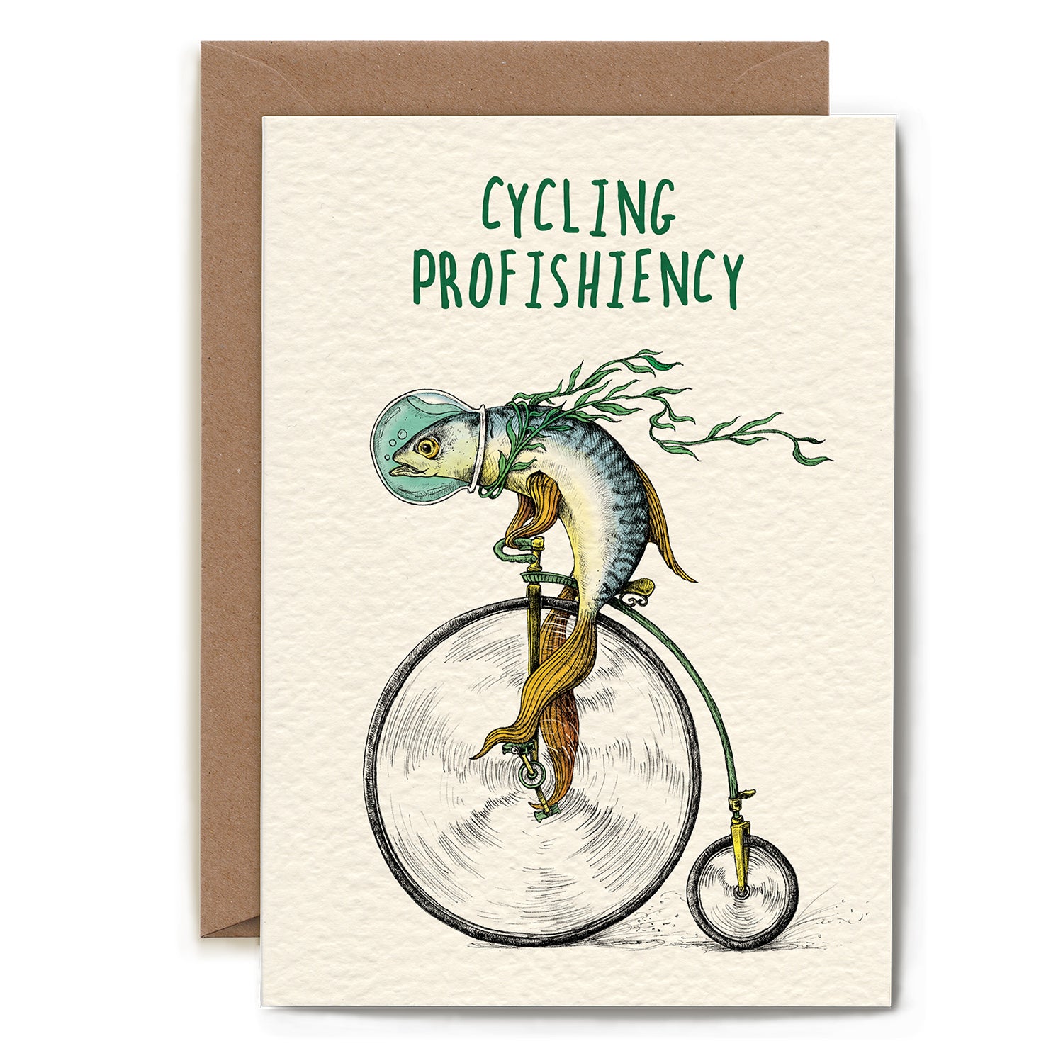 An illustrated blank Cycling Profishiency Card from Hester &amp; Cook stationery, a UK based company, featuring a whimsical depiction of a fish riding an old-fashioned penny-farthing bicycle with the caption &quot;Cycling Profishiency&quot;. 