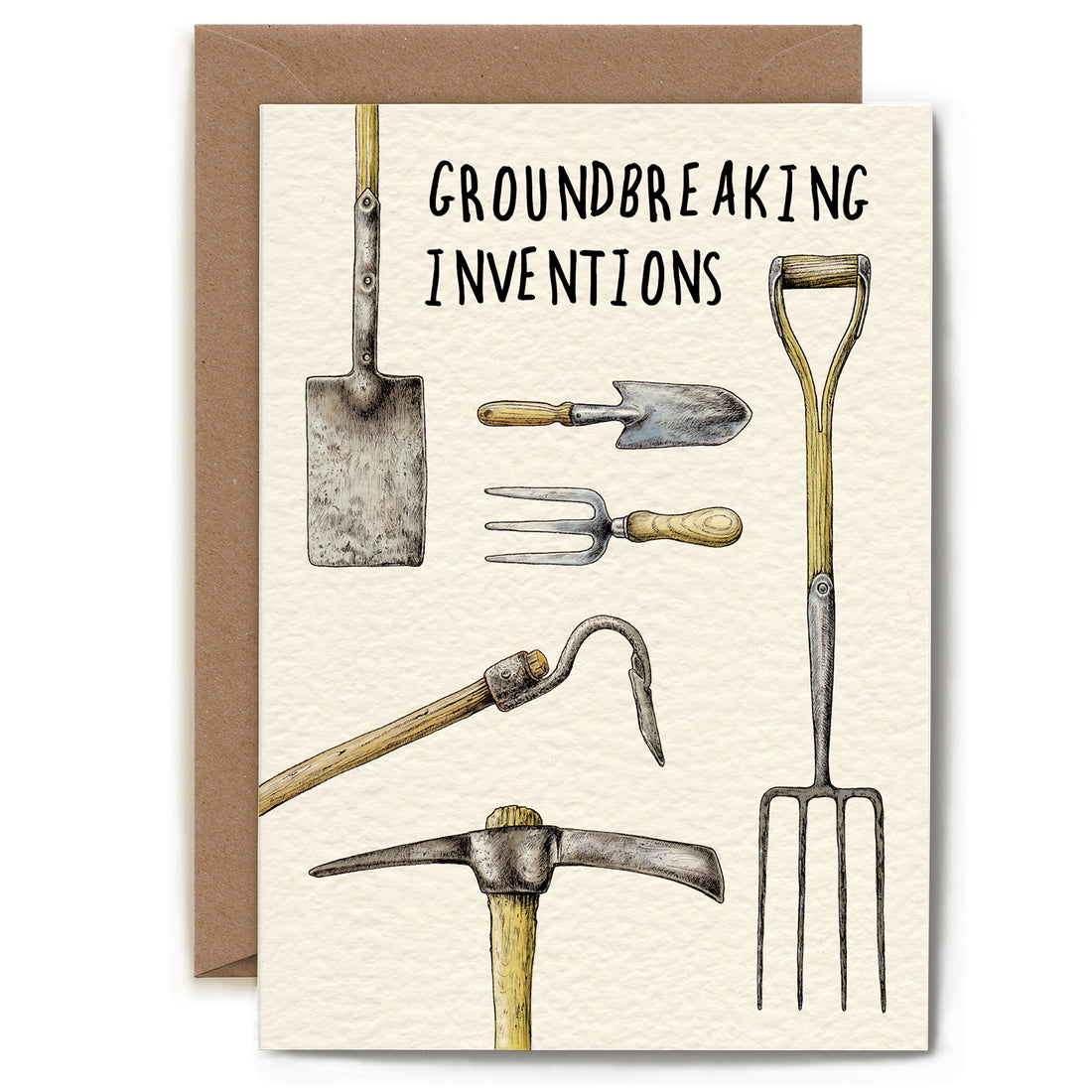 A cream greeting card captioned &quot;Groundbreaking Inventions&quot; featuring ink and watercolor illustrations of various digging tools such as a shovel, pickaxe, spade, and a hoe. 