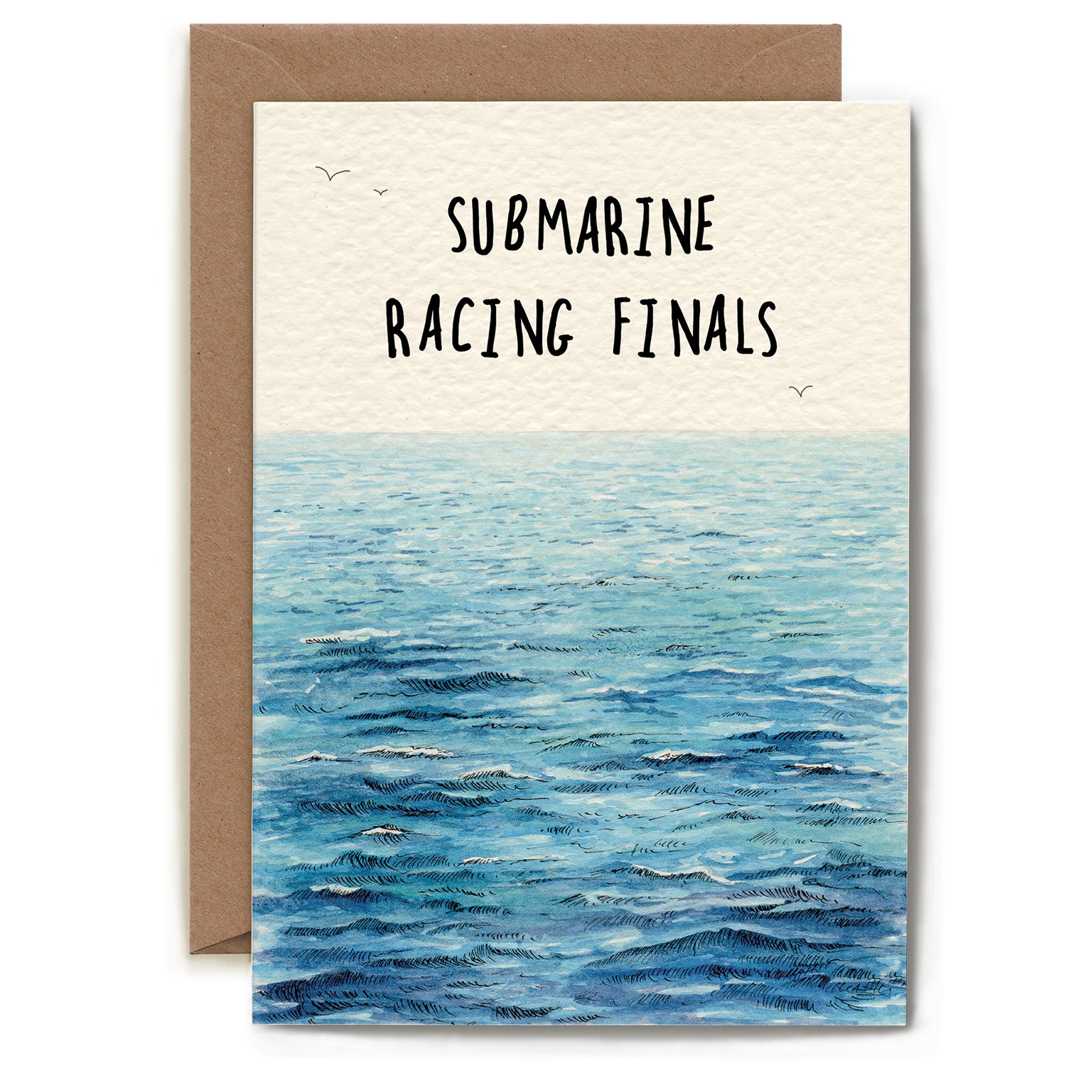 A beautiful watercolor and ink illustration of a still, blue ocean with the caption: &quot;Submarine Racing Finals&quot;.